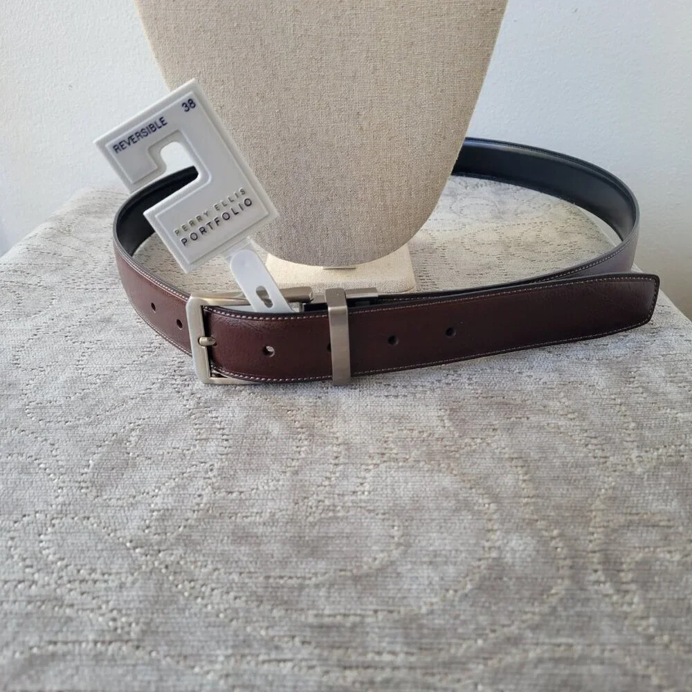 NWT – Perry Ellis Men’s Portfolio Reversible Leather Dress Belt (Size: 38)